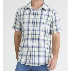 Button Up Commuter Shirt Mens 2XL Jade Whisper Plaid Short‎ Sleeves Retro New
